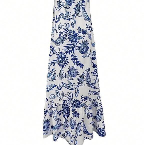 Blue and White Boho Women's Ruffle Hem Spaghetti Strap Dress - Picture 2 of 3